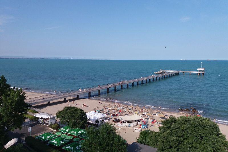 Aerial view of the Burgas pier and Central Beach on the Black Sea